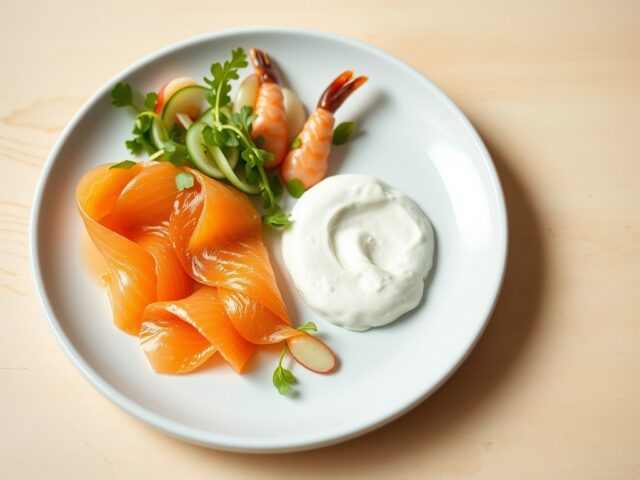 Gemarineerde zalm, mousse van geitenkaas en langoustines