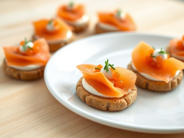 Gemberkoekje met gerookte zalm en lompviseitjes