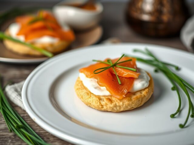 Gemberkoekje met gerookte zalm en lompviseitjes — AI-gegenereerde illustratie