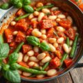 Gemengde bonenschotel met tomaten en basilicum