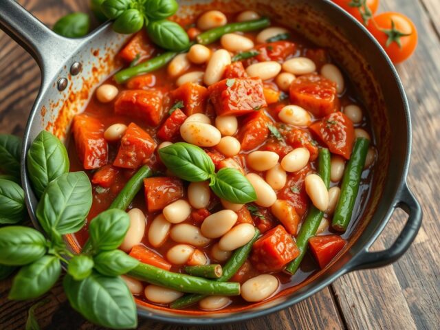 Gemengde bonenschotel met tomaten en basilicum