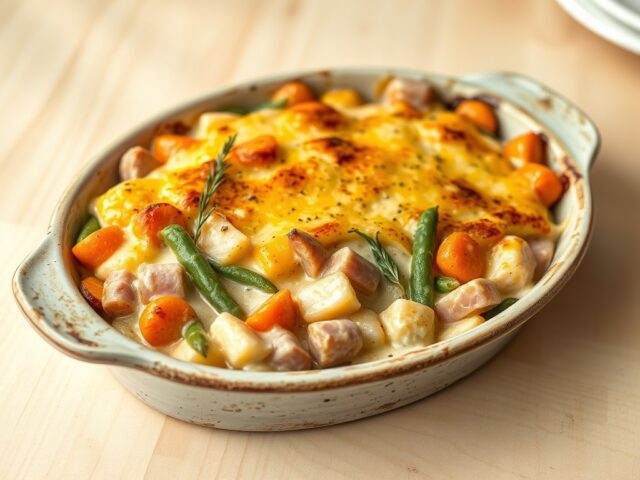 Gemengde groentegratin met wortelen,boontjes, krieltjes en achterham