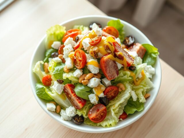 Gemengde salade met feta en speenvarken