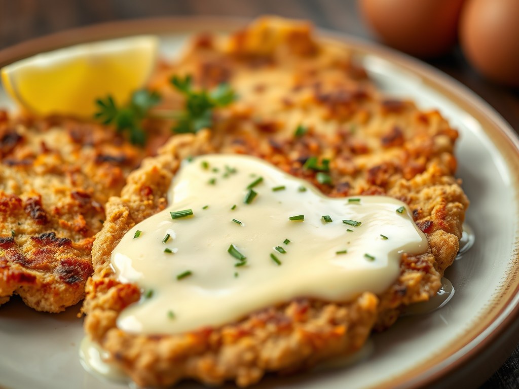 Gepaneerde gehaktschnitzels met knoflooksaus, AI-gegenereerde illustratie