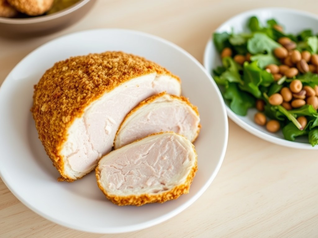 Gepaneerde konijnfilet met een herfstsalade, AI-gegenereerde illustratie