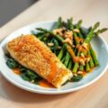 Gepaneerde schelvis met groene asperges, spinazie en sinaasappelsaus