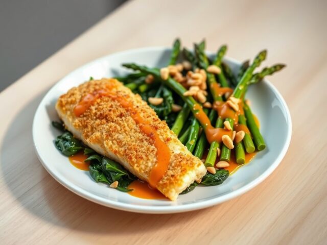 Gepaneerde schelvis met groene asperges, spinazie en sinaasappelsaus