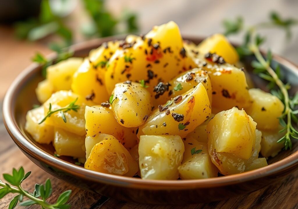 Geplette aardappelen (smashed potatoes), AI-gegenereerde illustratie