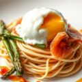 Gepocheerd eitje met gerookte zalm en tagliatelli