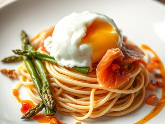 Gepocheerd eitje met gerookte zalm en tagliatelli