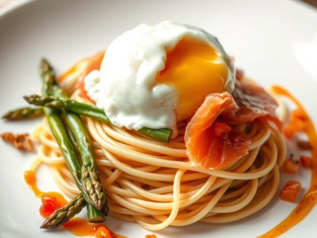 Gepocheerd eitje met gerookte zalm en tagliatelli, AI-gegenereerde illustratie