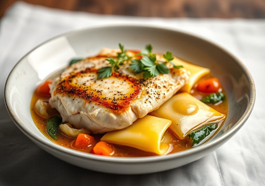 Gepocheerde kemperhoen met ravioli van soepgroenten, AI-gegenereerde illustratie