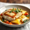 Gepocheerde kemperhoen met ravioli van soepgroenten