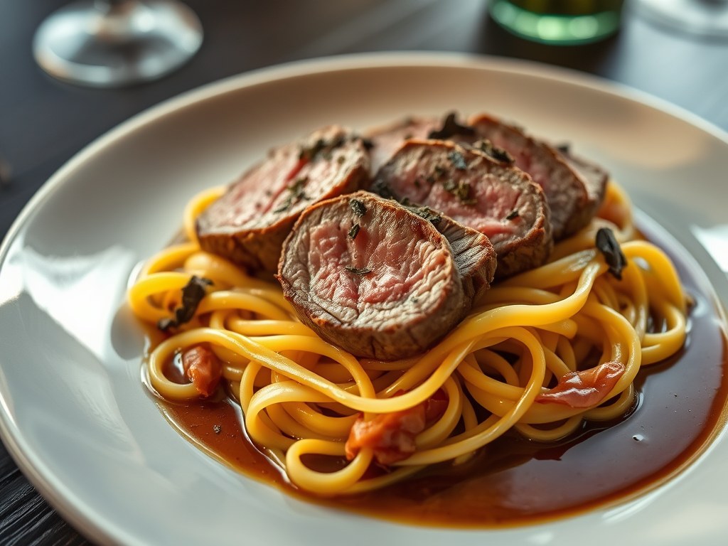 Gepocheerde lamsfilet met tagliatelle en truffel, AI-gegenereerde illustratie