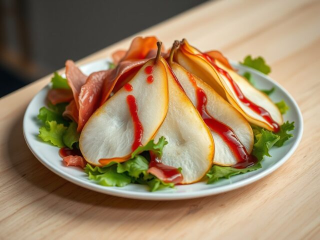 Gepocheerde peer met parmaham, sla en frambozendre