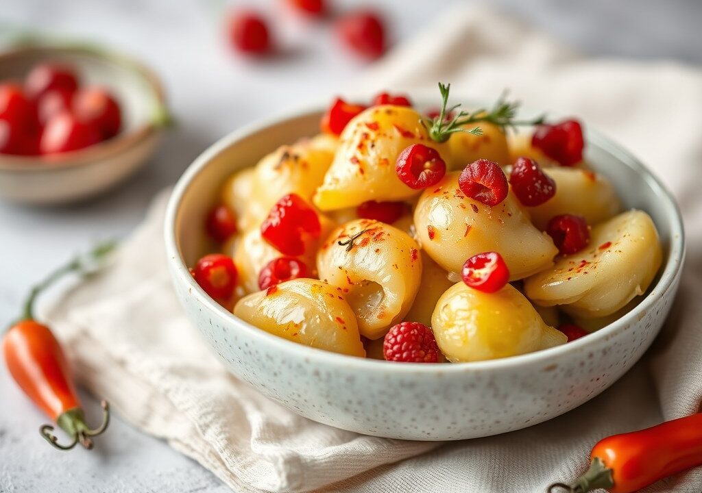 Gepocheerde peren met piment — AI-gegenereerde illustratie