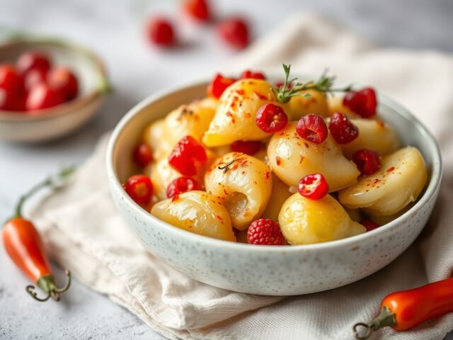Gepocheerde peren met piment — AI-gegenereerde illustratie
