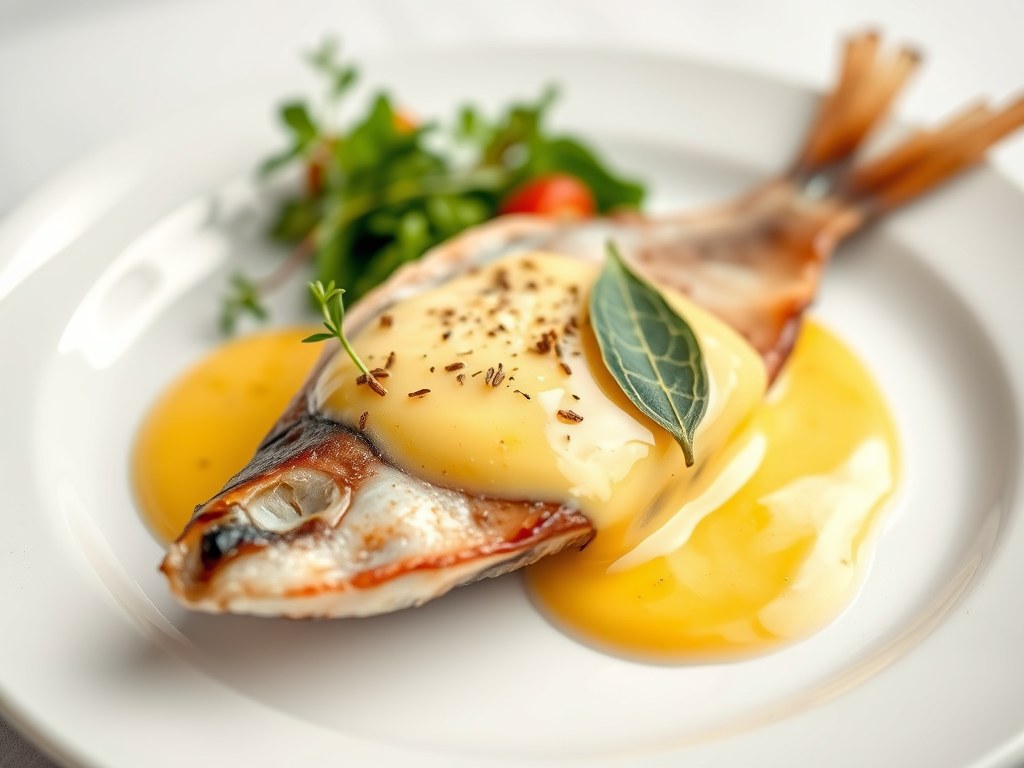 Gepocheerde rog met hollandaise saus, AI-gegenereerde illustratie