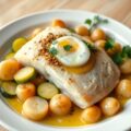Gepocheerde roggevleugel met geplette eitjes, courgettes, ansjovis geklaarde boter met witbier
