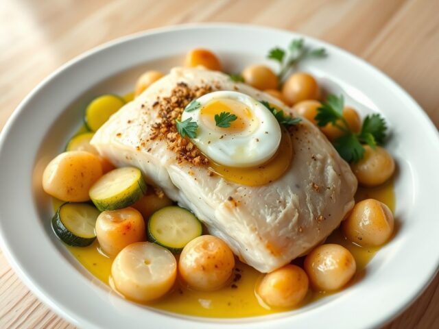 Gepocheerde roggevleugel met geplette eitjes, courgettes, ansjovis geklaarde boter met witbier