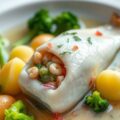 Gepocheerde roggevleugelfilet gevuld met grijze garnalen