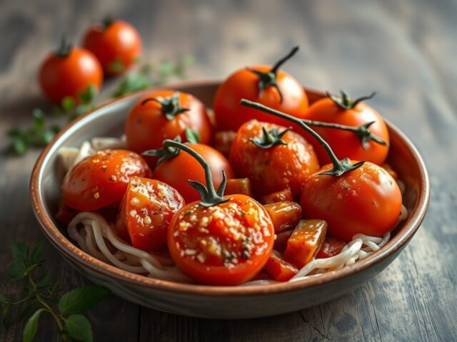 Gepocheerde tomaten met kruiden — AI-gegenereerde illustratie