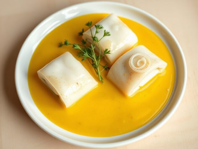 Gepocheerde tongrolletjes met spinaziepuree en saffraan
