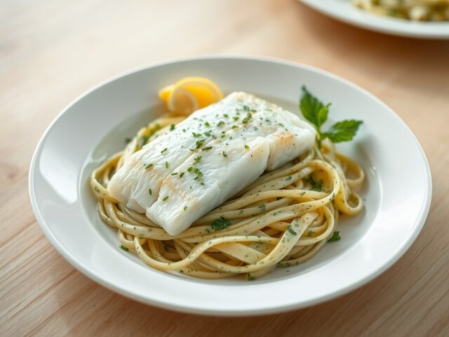 Gepocheerde vis met courgette- en muntsaus en groene tagliatelle