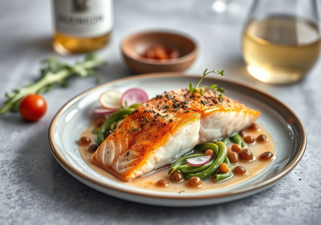 Gepocheerde zalm met witlof en Chateau d’Arville, AI-gegenereerde illustratie