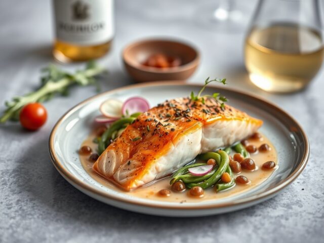 Gepocheerde zalm met witlof en Chateau d’Arville — AI-gegenereerde illustratie