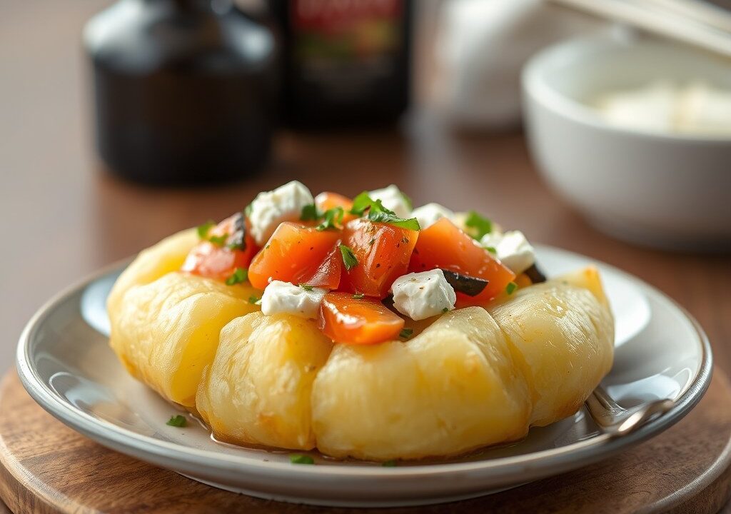 Gepofte aardappel met geitenkaas en olijven, AI-gegenereerde illustratie