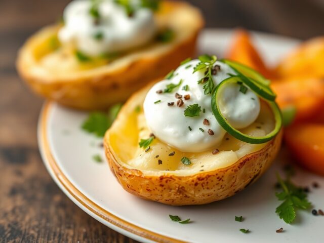 Gepofte aardappel met mozzarella en komkommer