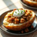 Gepofte aardappel met rul gebakken worstjes