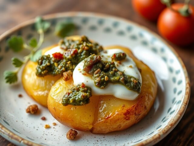Gepofte aardappel met yoghurt en groene tapenade. — AI-gegenereerde illustratie