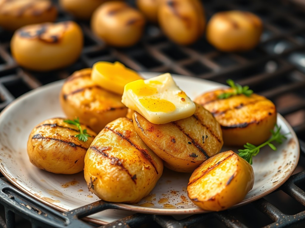 Gepofte aardappelen met kerrieboter, AI-gegenereerde illustratie
