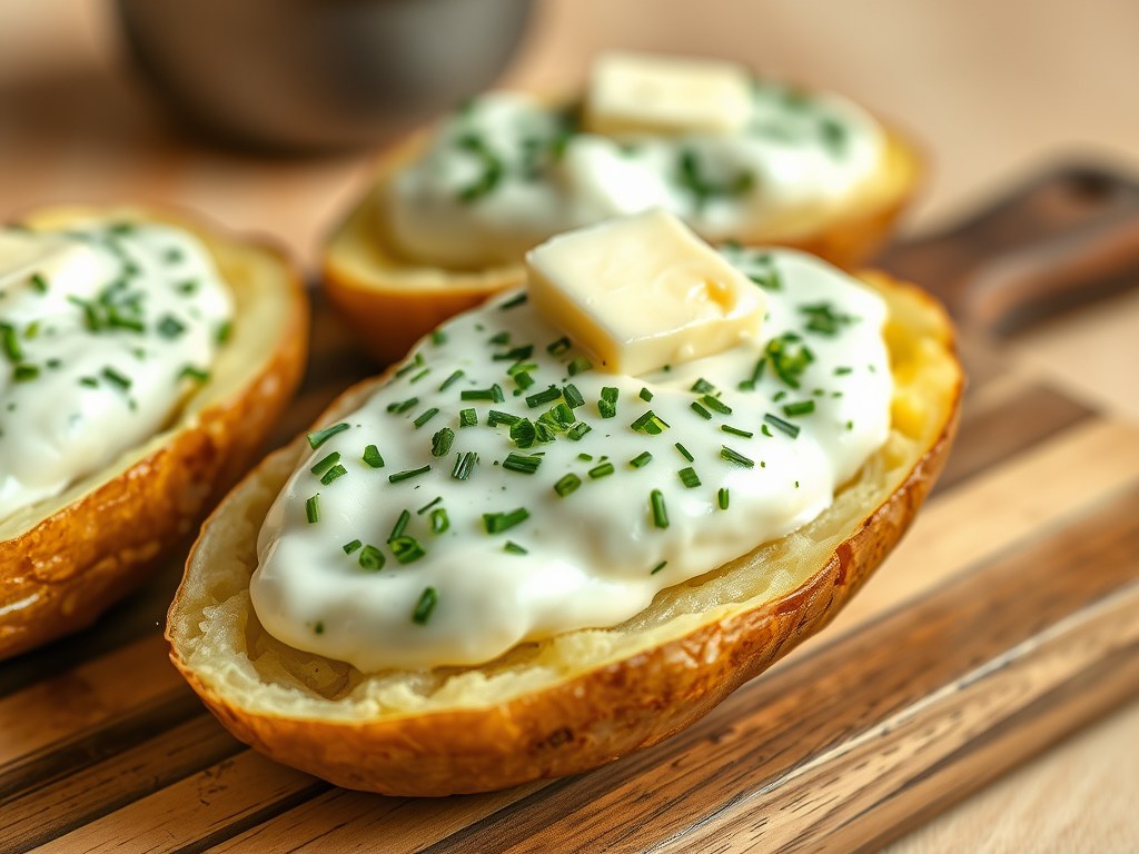 Gepofte aardappelen met kruidenkwark., AI-gegenereerde illustratie