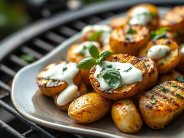 Gepofte aardappels met basilicumroom — AI-gegenereerde illustratie