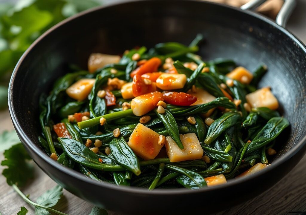 Geroerbakte wilde spinazie met Thaise vissaus, AI-gegenereerde illustratie