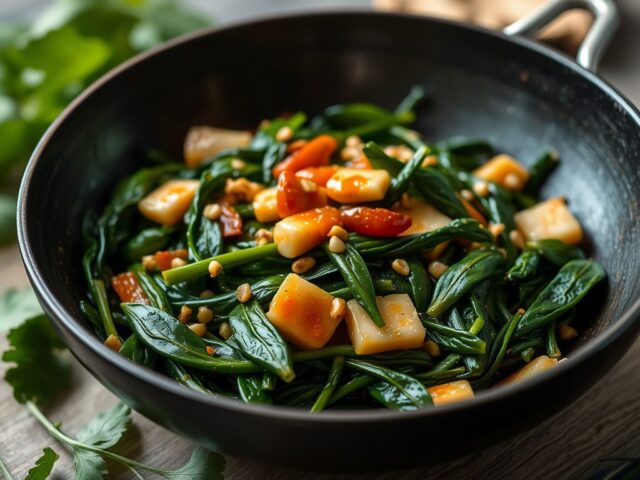 Geroerbakte wilde spinazie met Thaise vissaus — AI-gegenereerde illustratie