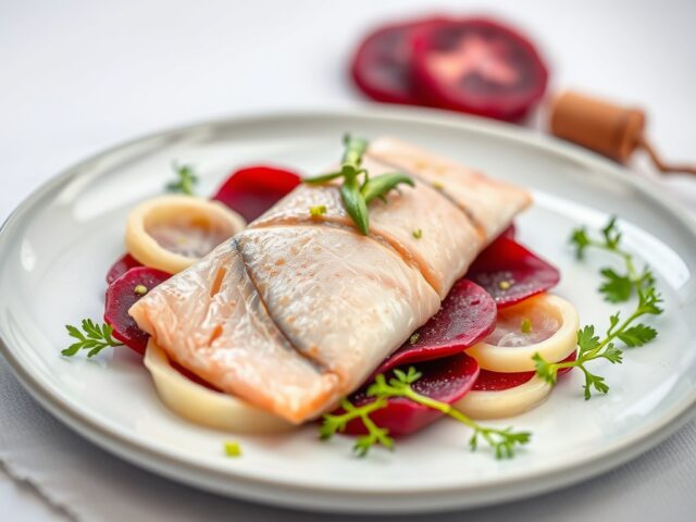 Gerookte forelfilet op een carpaccio van rode biet