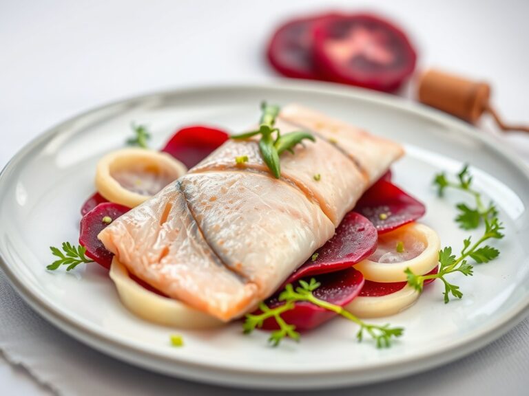 Gerookte forelfilet op een carpaccio van rode biet