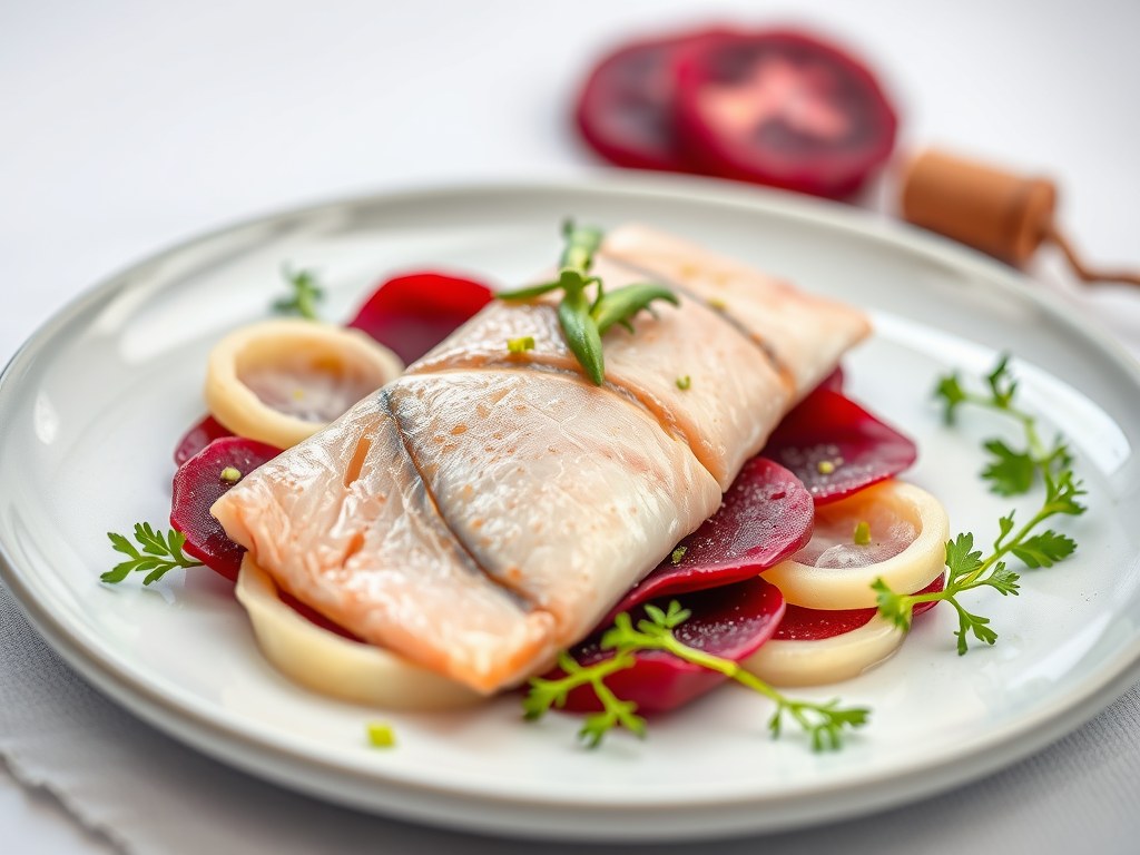 Gerookte forelfilet op een carpaccio van rode biet, AI-gegenereerde illustratie