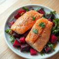 Gerookte forelfilets met rodebietensalade
