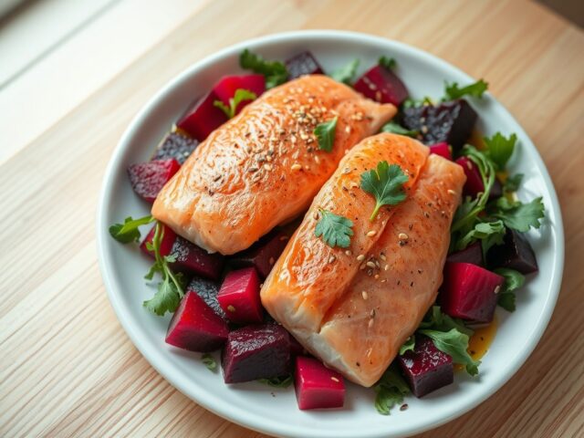 Gerookte forelfilets met rodebietensalade