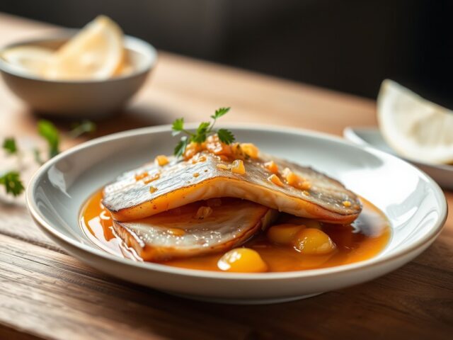 gerookte kipfile met warme sinasappelsaus
