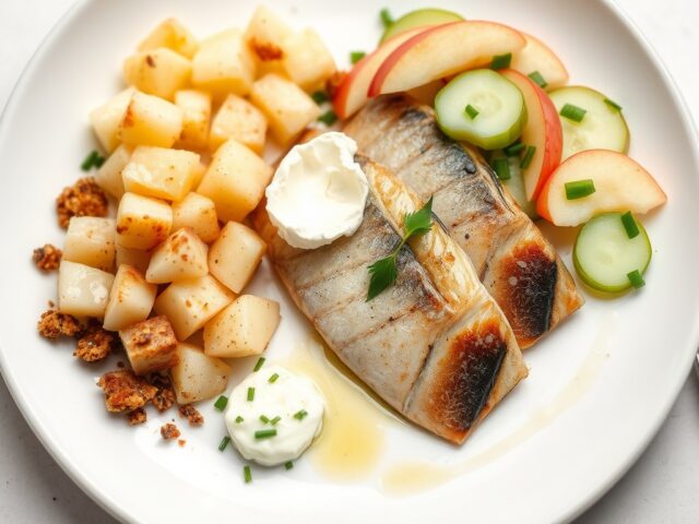 Gerookte makreel – Chavroux met citroen – aardappel – appel- komkommersalade