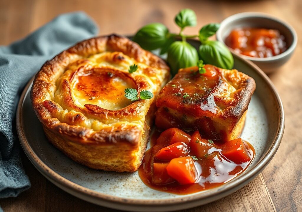 Gerookte paling, aardappelkoekje en tomatenchutney — AI-gegenereerde illustratie