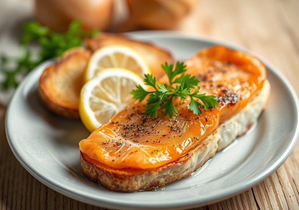 Gerookte zalm schotel, AI-gegenereerde illustratie