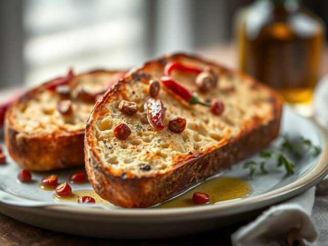 Geroosterd brood met ansjovis en chilipeper