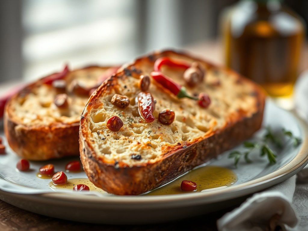 Geroosterd brood met ansjovis en chilipeper, AI-gegenereerde illustratie